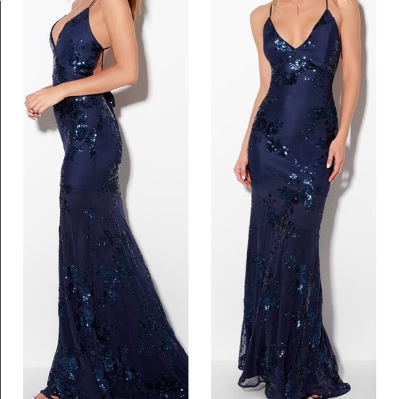 Valhalla Navy Blue Sequin Lace-Up Maxi Dress - Picture 2 of 6